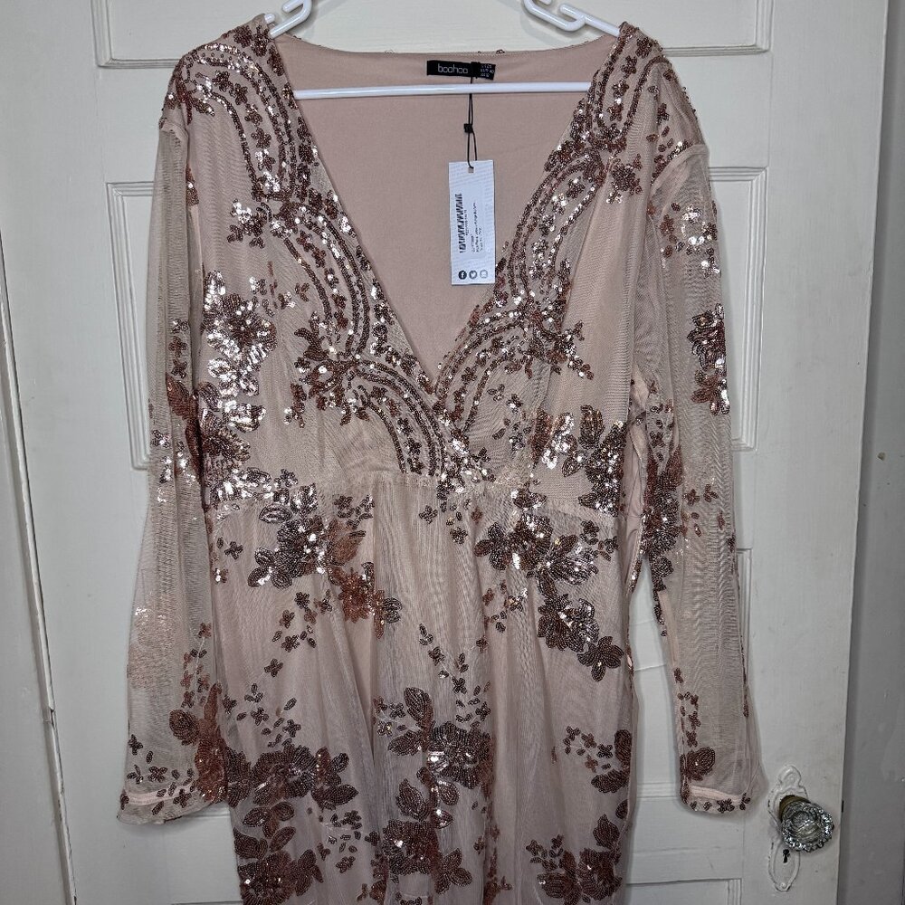 Boohoo Plus Fiona Sequin Plunge Bodycon Dress | Nude Pink Rose Gold